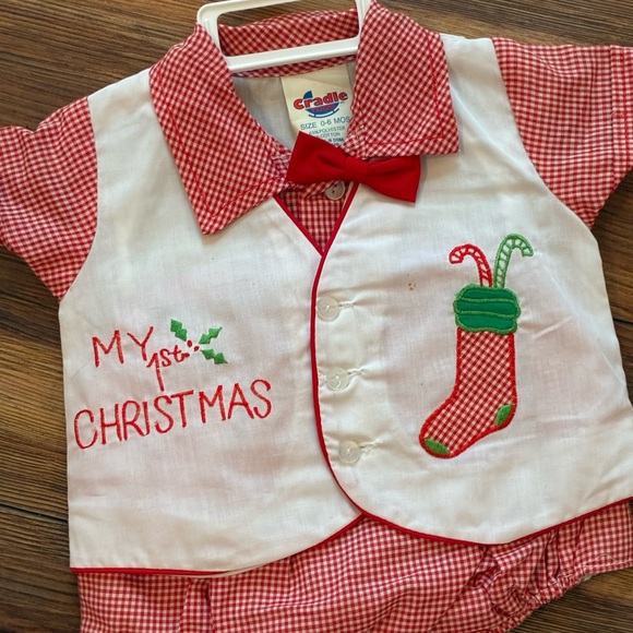 Vintage Cradle Togs My 1st Christmas Red Gingham Baby Outfit 0–6 Months - Picture 3 of 10